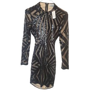 Paradiso Black Sequin Geometric Open Back Mini Dress Long Sleeve Womens M NWT